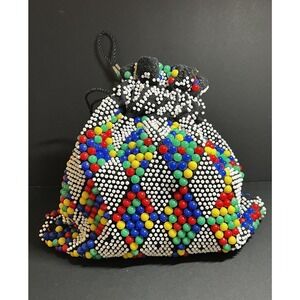 Vintage 60s Candy Dot/Button/Bead Drawstring Handbag/Pouch Boho/Mod